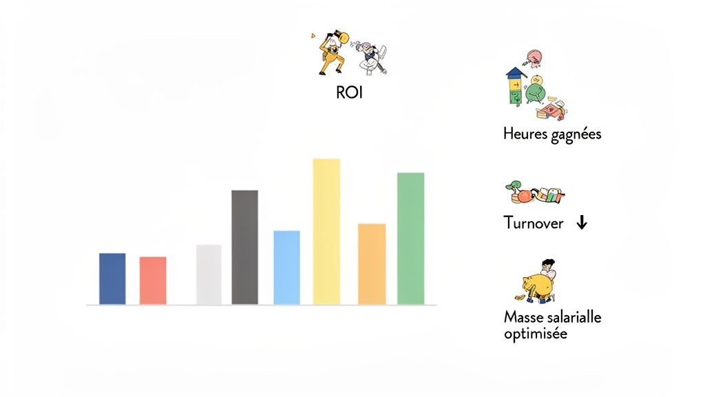 Graphique à barres illustrant les avantages d'une solution RH, incluant le ROI, les heures gagnées, la réduction du turnover et l'optimisation de la masse salariale.