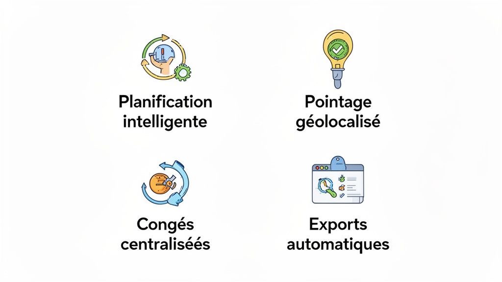 Icônes représentant les fonctionnalités clés d'un logiciel de gestion du personnel: planification intelligente, pointage géolocalisé, congés centralisés et exports automatiques.