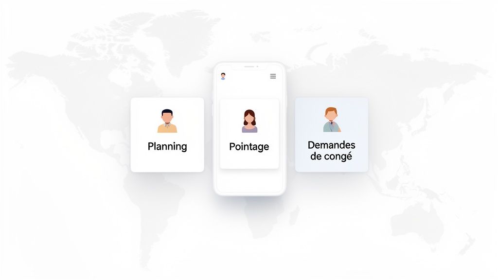 Une application mobile affichant les modules de gestion du personnel : planning, pointage et demandes de congé, sur fond de carte du monde.