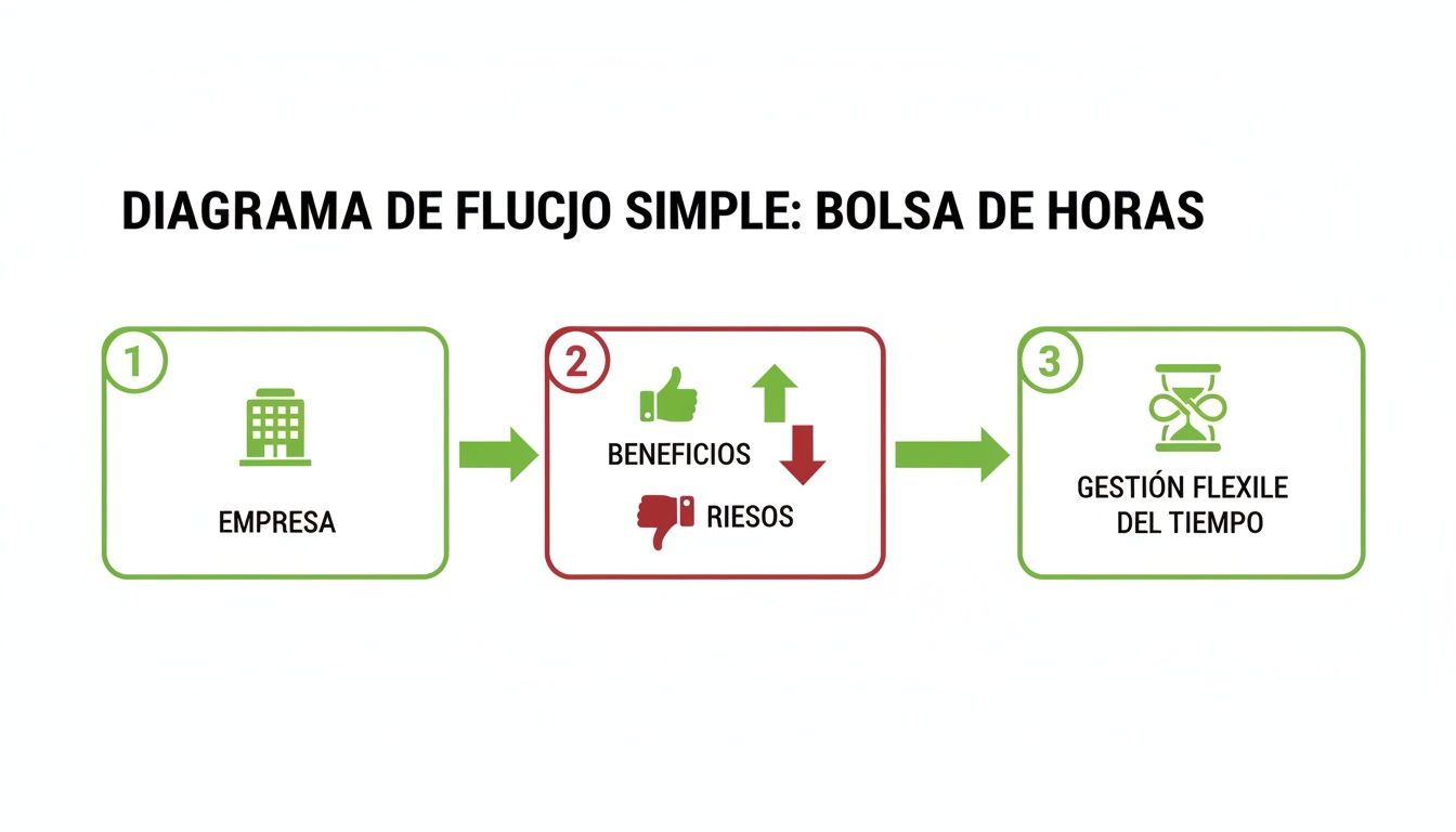 Diagrama de flujo simple sobre la bolsa de horas, mostrando empresa, beneficios, riesgos y gestión flexible del tiempo.