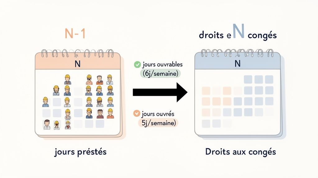 Illustration montrant le calcul des droits aux congés : les jours travaillés en N-1 déterminent les congés en N.
