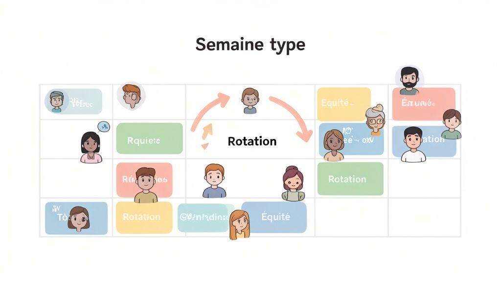 Tableau de planification de semaine type montrant des rotations d'activités avec des personnages illustrés.