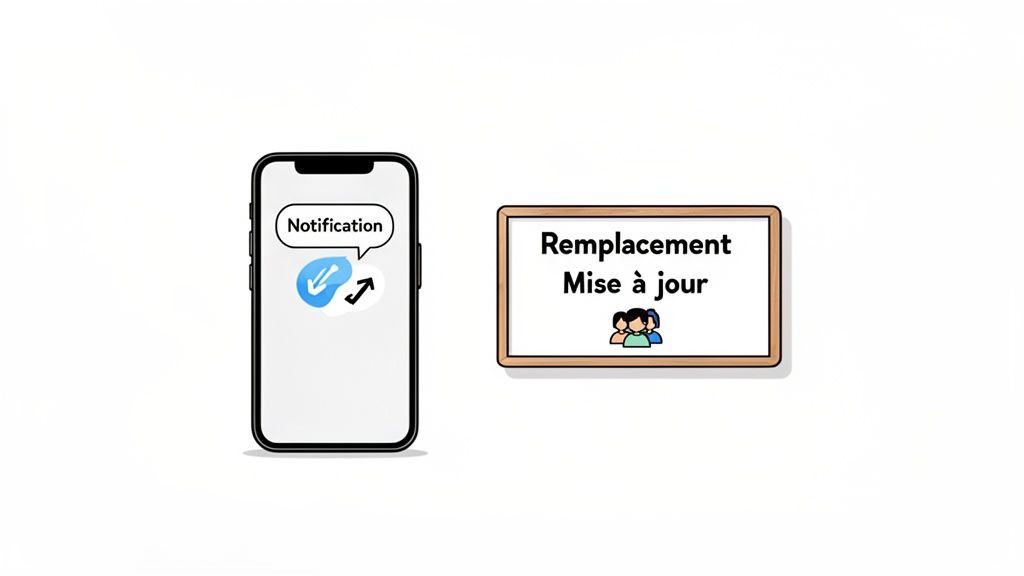Smartphone avec notification de changement, à côté d'un tableau 'Remplacement' et 'Mise à jour' pour gestion des plannings.