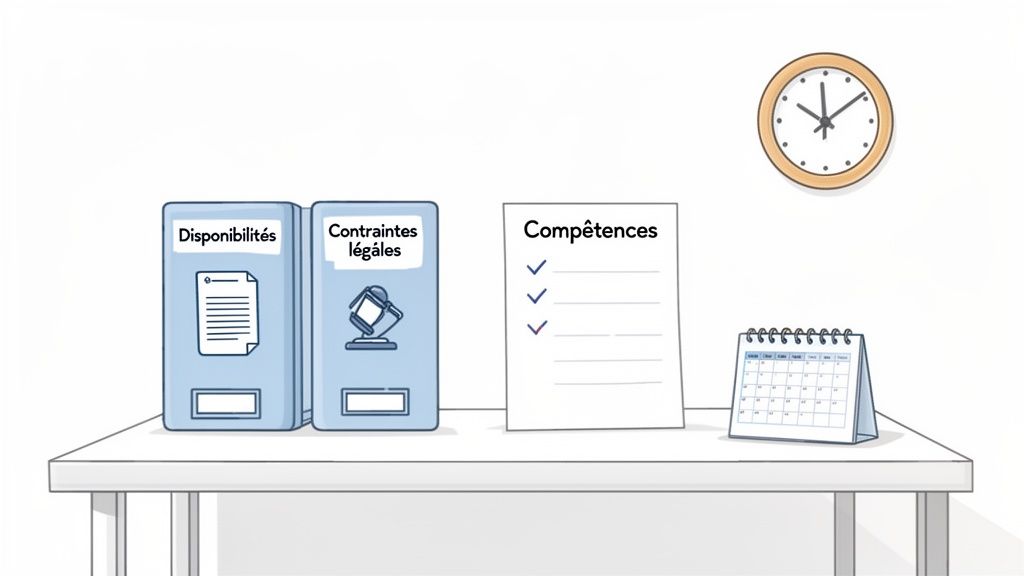 Bureau avec dossiers (Disponibilités, Contraintes légales), liste de compétences, horloge et calendrier, symbolisant la planification.