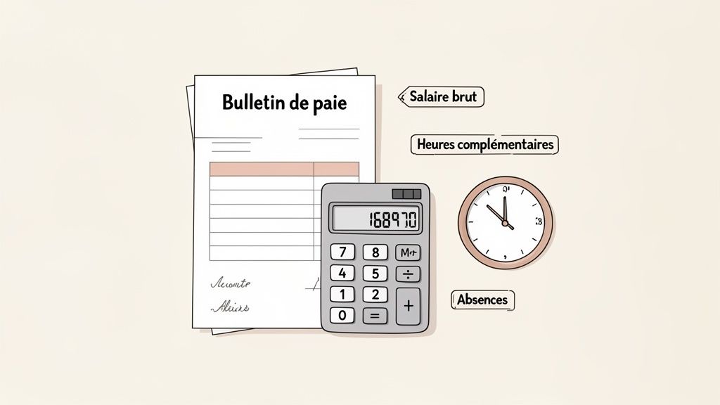 Illustration d'une fiche de paie avec un calculateur, une horloge, et des termes comme salaire brut, heures complémentaires et absences.