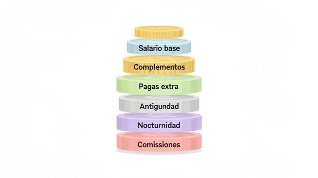 Pila de monedas que ilustra los componentes de un salario bruto: salario base, complementos, pagas extra, antigüedad, nocturnidad y comisiones.