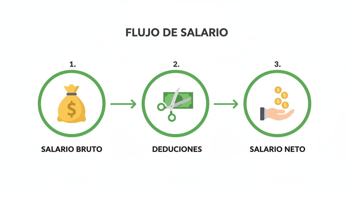 Diagrama de flujo que ilustra el proceso del salario: de salario bruto a salario neto después de las deducciones.