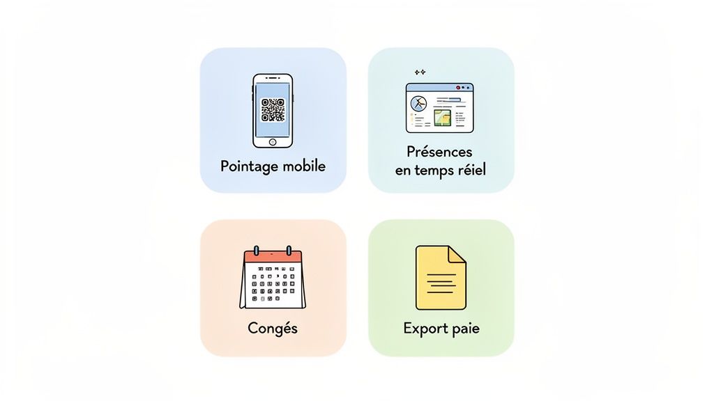 Quatre icônes : pointage mobile via QR code, présences en temps réel, gestion des congés et export paie.