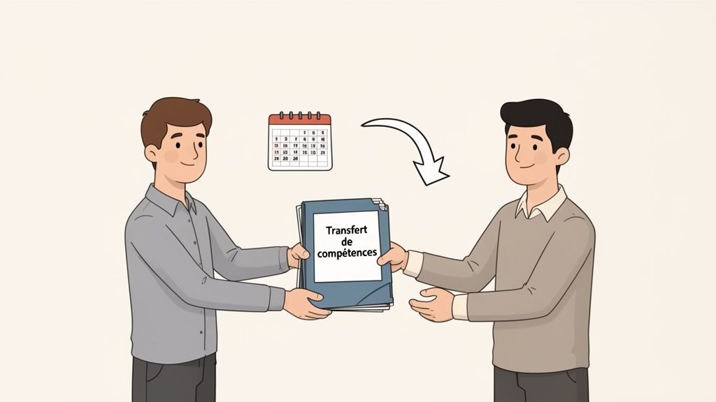 Deux hommes échangent un dossier intitulé "Transfert de compétences", avec un calendrier et une flèche symbolisant le processus.