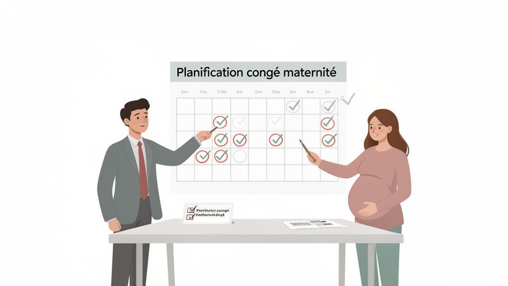 Une femme enceinte et un homme planifient un congé maternité à l'aide d'un calendrier et d'une liste de tâches.
