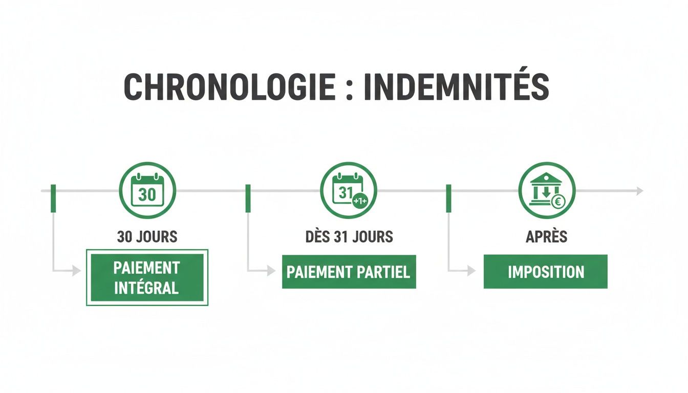 Chronologie des indemnités, illustrant le paiement intégral à 30 jours, le paiement partiel après 31 jours, et l'imposition.