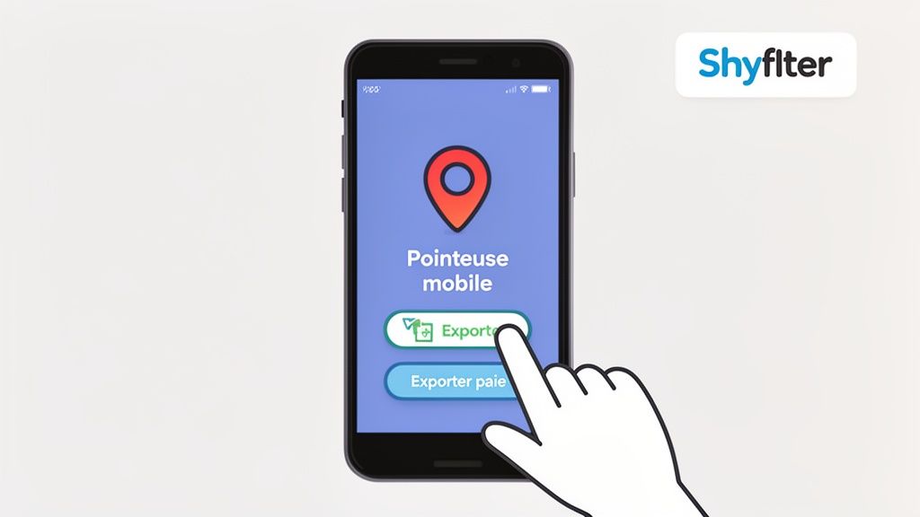 Un smartphone affichant l'application Shyflter 'Pointeuse mobile' avec un doigt touchant le bouton 'Exporter'.