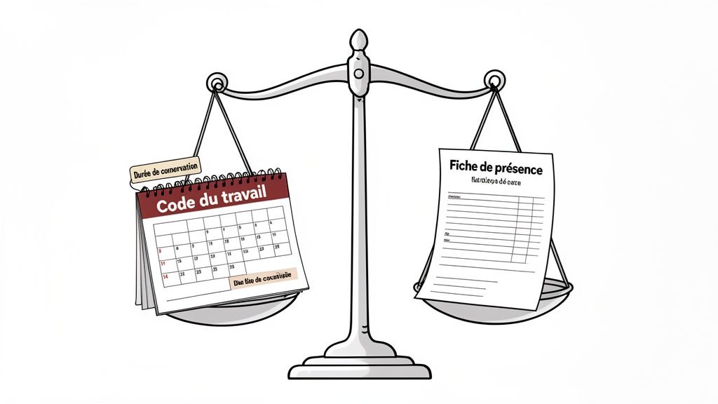 Balance symbolisant le Code du travail, les durées de conservation et les fiches de présence pour la conformité.