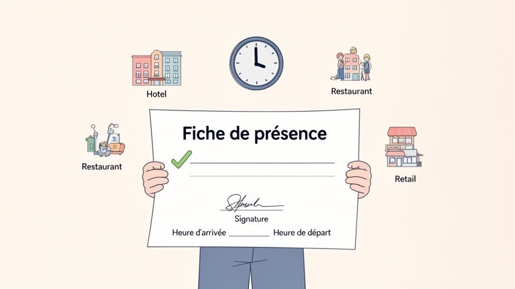 Une personne tient une fiche de présence avec un horloge et des icônes d'hôtels, restaurants et commerces de détail.