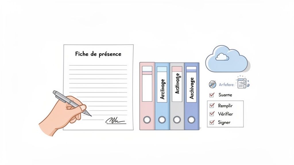 Une main signant une fiche de présence, avec des classeurs d'archivage et un nuage de stockage numérique illustrant un processus administratif.