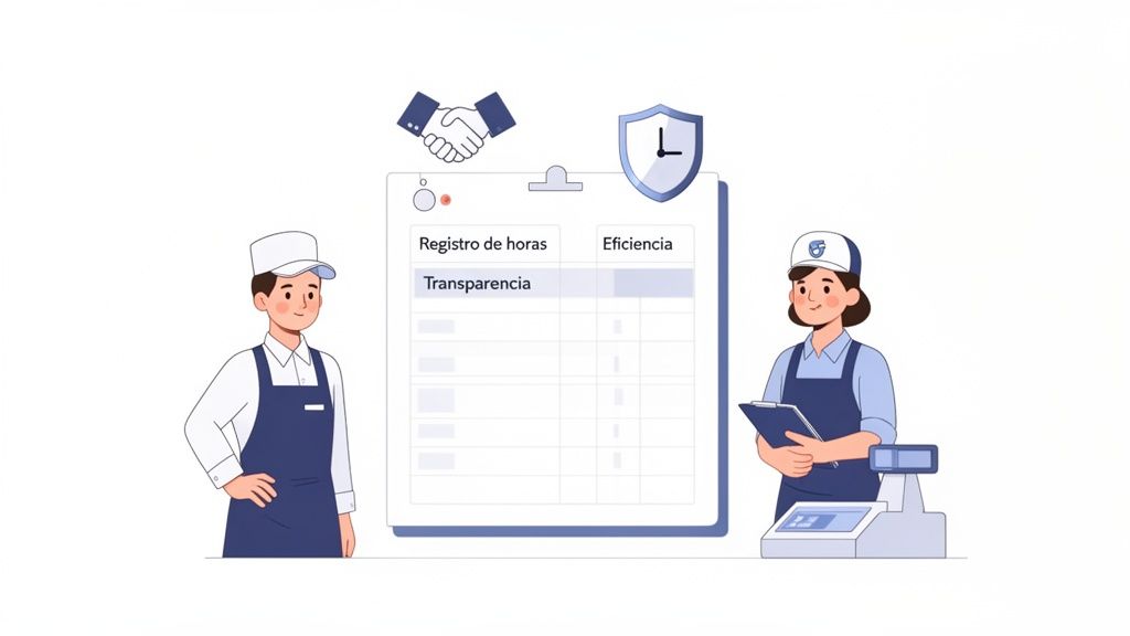 Ilustración de trabajadores con un registro de horas y eficiencia, simbolizando transparencia y acuerdo laboral.