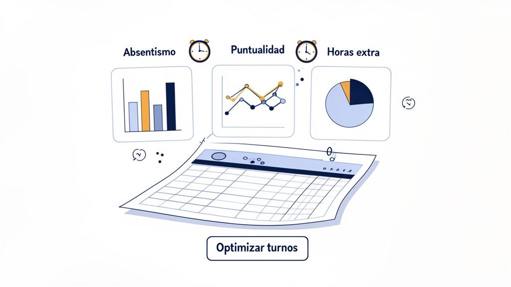 Visualización de datos de absentismo, puntualidad y horas extra con una hoja de cálculo para optimizar turnos.