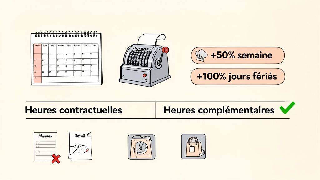 Illustration des règles d'heures complémentaires, avec calendrier, caisse et taux de rémunération Horeca.