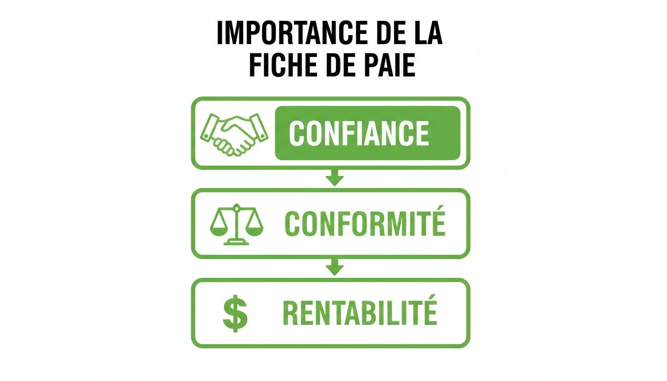 Infographie montrant l'importance des fiches de paie pour la confiance, la conformité et la rentabilité en entreprise, illustrée par des icônes.