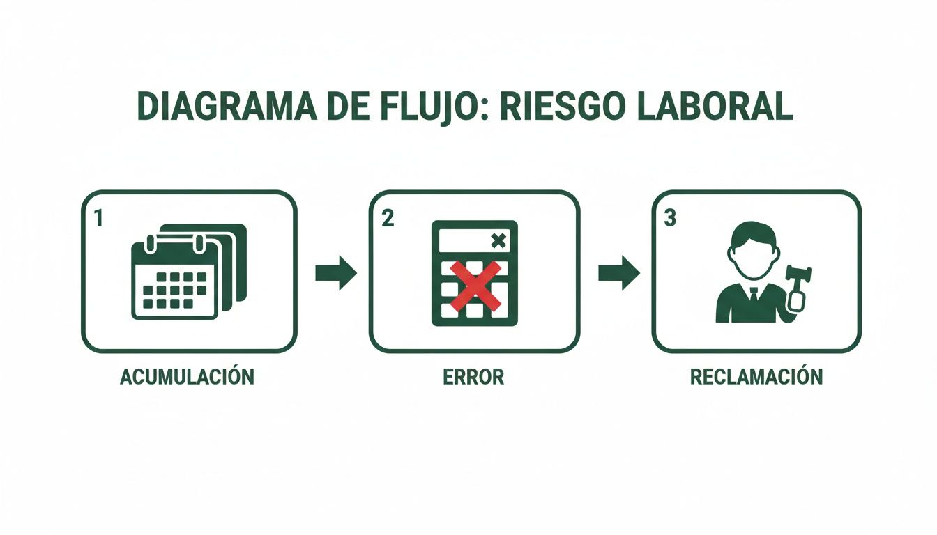 Diagrama de flujo que ilustra el proceso de riesgo laboral con tres etapas: acumulación, error y reclamación legal.