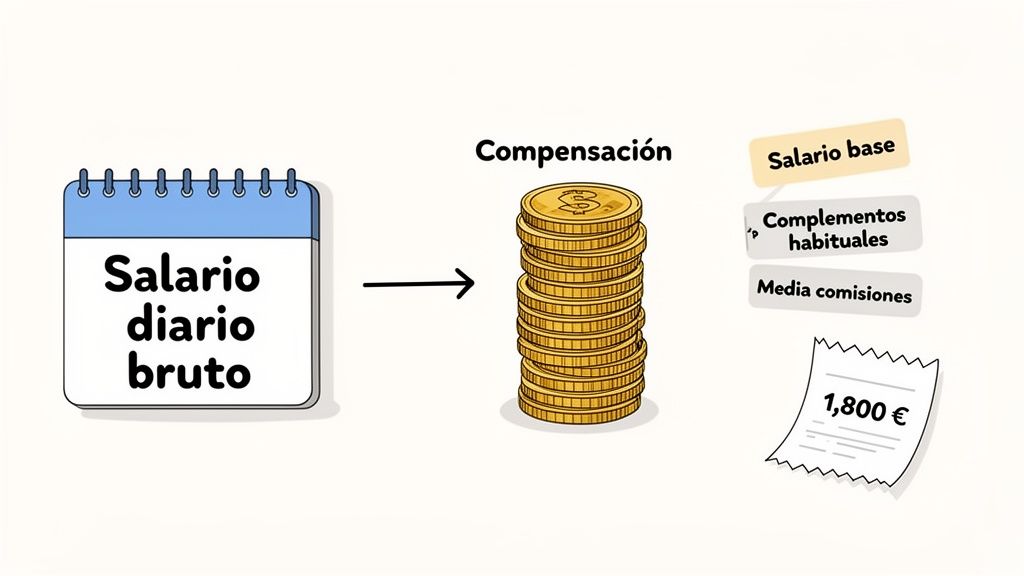 Ilustración del cálculo de la compensación salarial a partir del salario diario bruto, incluyendo salario base, complementos y comisiones, con un resultado de 1.800 €.