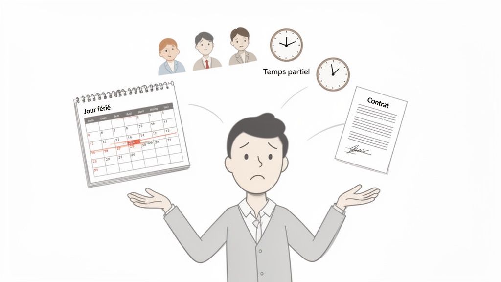 Un homme jongle avec un calendrier de jours fériés, un contrat de travail, des horloges de temps partiel et des collègues, exprimant le stress professionnel.