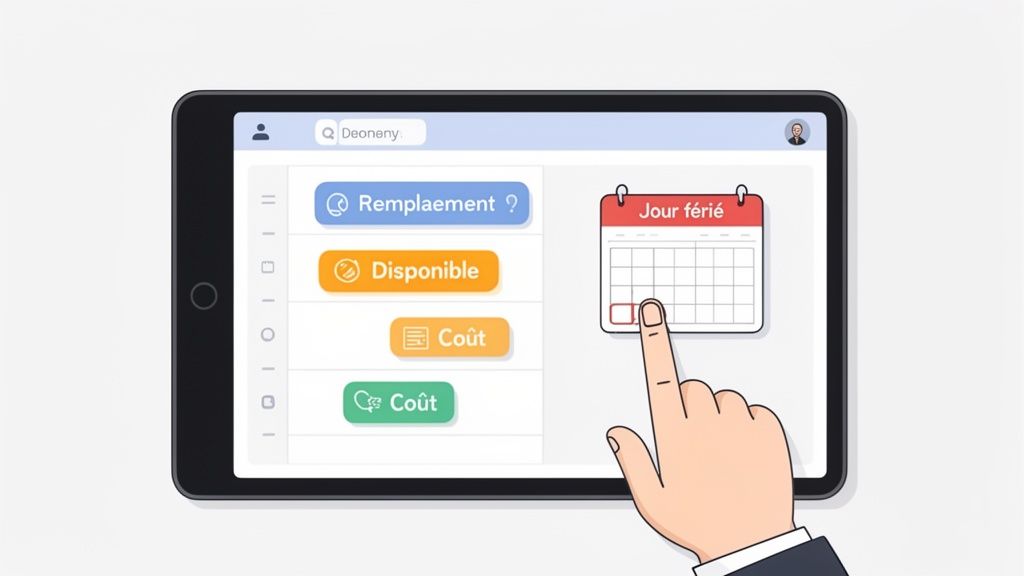 Une tablette affiche une interface de gestion des jours fériés avec un calendrier et des options de remplacement, disponibilité et coût.