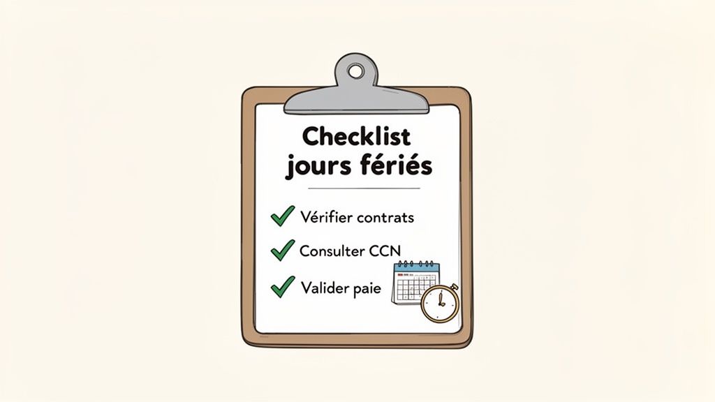 Checklist des jours fériés sur un presse-papiers avec des étapes pour vérifier les contrats, consulter la CCN et valider la paie, accompagnées d'icônes de calendrier et de montre.