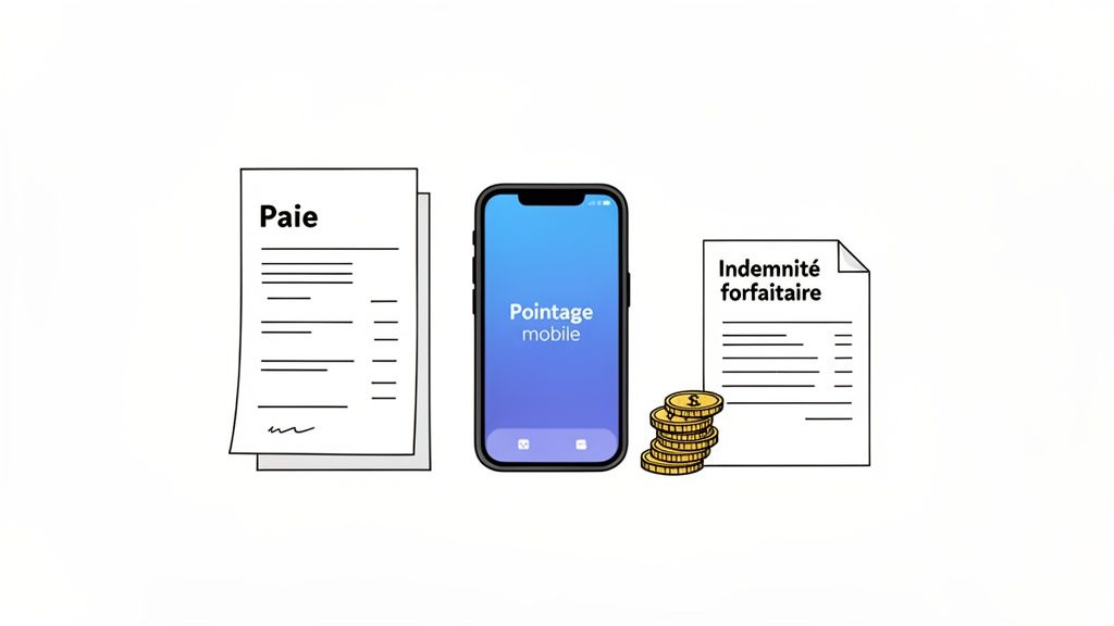 Une illustration montrant une fiche de paie, un smartphone avec 'Pointage mobile', des pièces et une indemnité forfaitaire pour le travail.