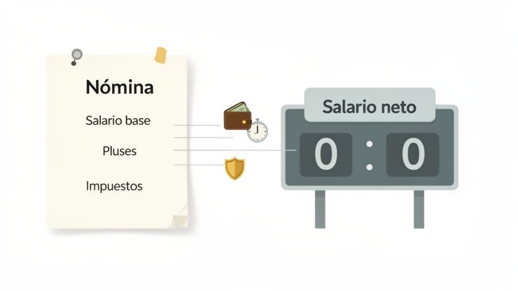 Ilustración de una nómina con salario base, pluses e impuestos, resultando en el salario neto.