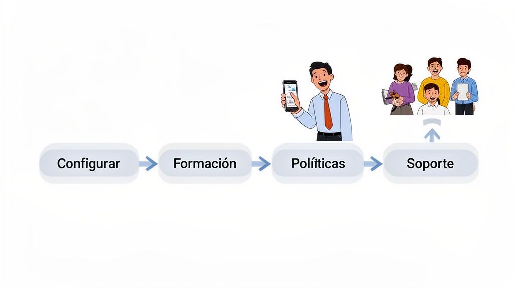 Diagrama de flujo mostrando la implementación de una app: configurar, formación, políticas y soporte para empleados.