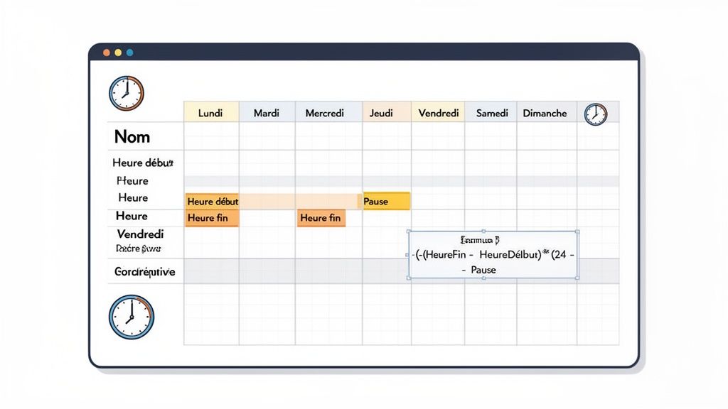 Tableau de planification de travail Excel affichant les heures de début, de fin et les pauses de la semaine.