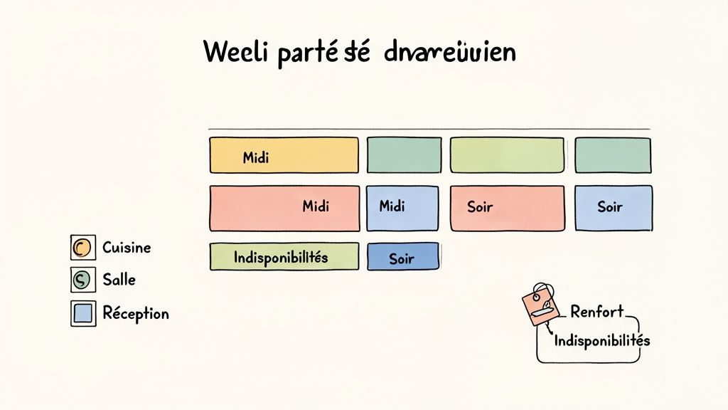 Tableau de planning hebdomadaire avec des blocs colorés indiquant les horaires (Midi, Soir) et les indisponibilités du personnel.