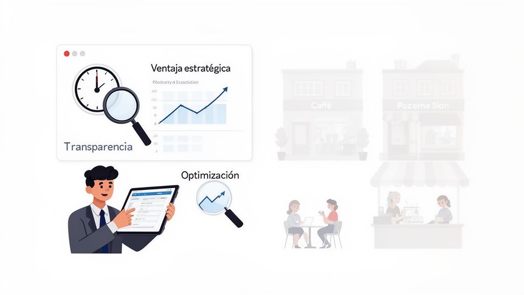 Infografía de gestión empresarial con gráficos de estrategia, optimización y transparencia, junto a negocios y un hombre con tablet.
