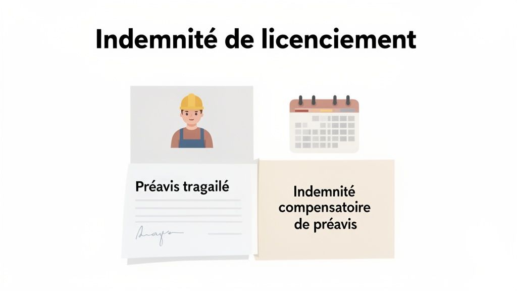 Infographie expliquant l'indemnité de licenciement, incluant le préavis travaillé et l'indemnité compensatoire.