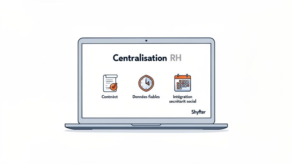 Un ordinateur portable affiche la centralisation RH avec des icônes pour les contrats, les données fiables et l'intégration sociale.