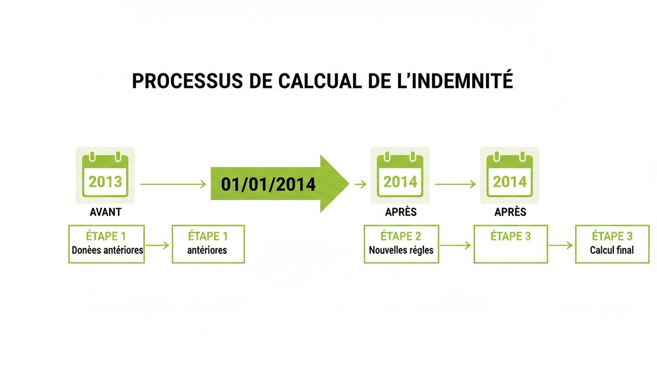 Représentation visuelle du processus de calcul de l'indemnité, séparé par les règles antérieures et nouvelles à partir de 2014.