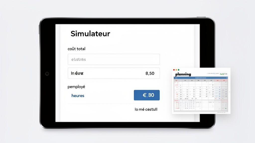 Une tablette affiche un simulateur de calcul des coûts avec des champs d'entrée et un calendrier de planification.