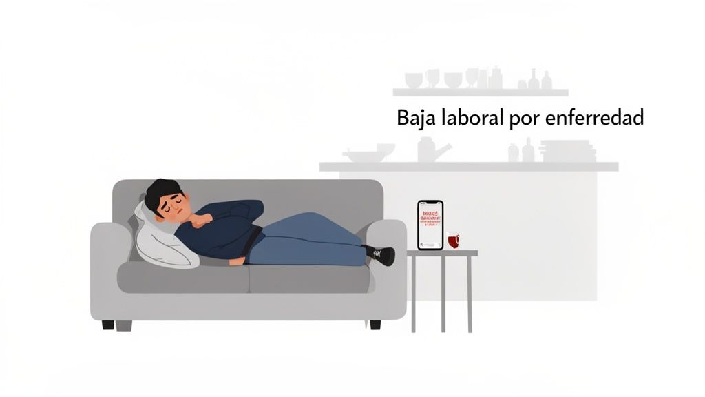 Hombre enfermo recostado en el sofá, con teléfono y taza, representando baja laboral por enfermedad.