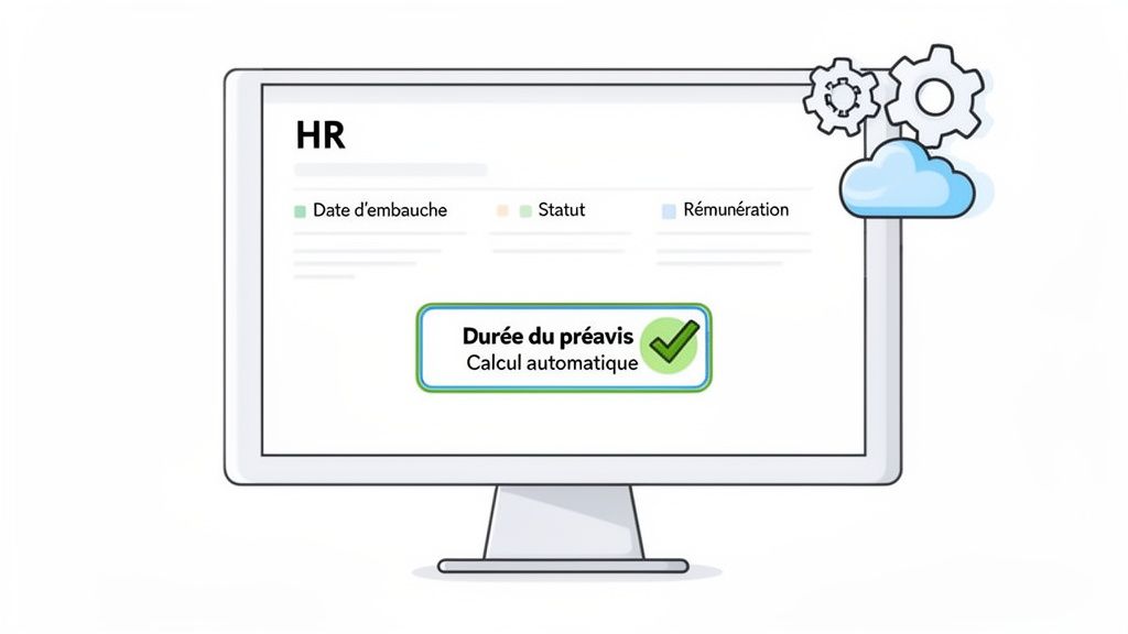 Moniteur affichant une interface RH avec les informations 'Durée du préavis' et 'Calcul automatique', symbolisant l'automatisation des RH.