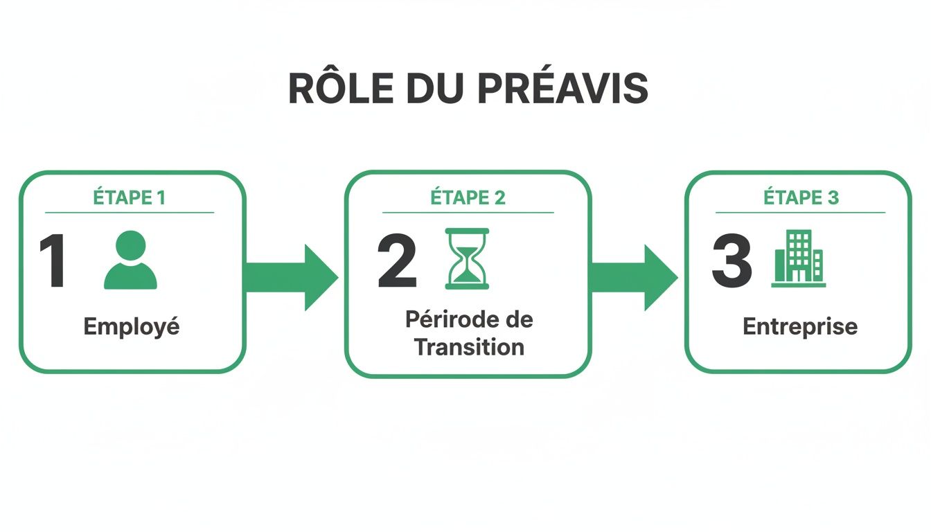 Diagramme illustrant les 3 étapes clés du rôle du préavis: l'employé, la période de transition et l'entreprise.
