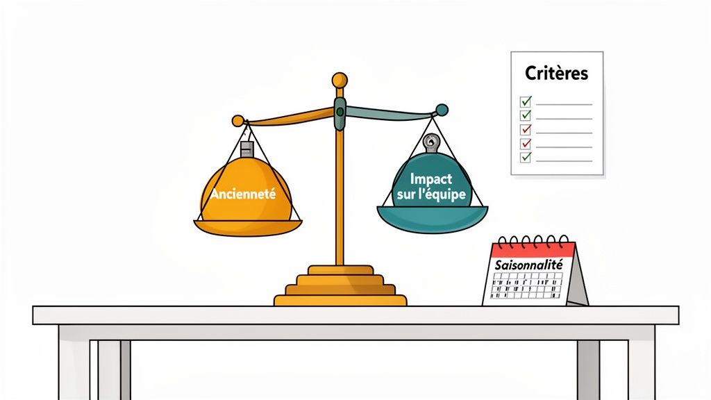 Balance comparant l'ancienneté et l'impact sur l'équipe, avec une liste de critères et un calendrier de saisonnalité.