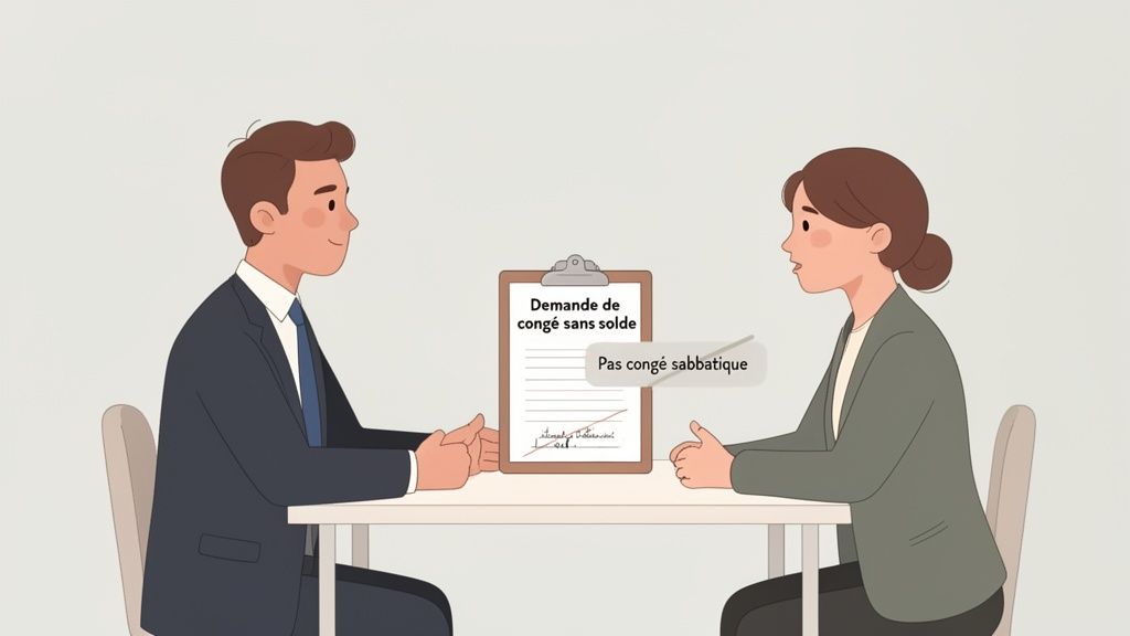 Deux personnes en réunion discutent d'une demande de congé sans solde, précisant que ce n'est pas un congé sabbatique.