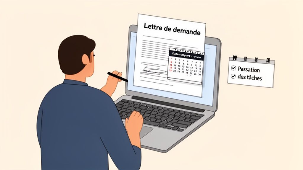 Personne rédigeant une lettre de demande sur un ordinateur portable, avec un calendrier et une liste de tâches à accomplir.