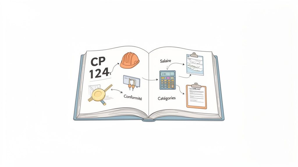 Livre ouvert sur la CP 124 illustrant sécurité, conformité, salaires et catégories d'emploi.