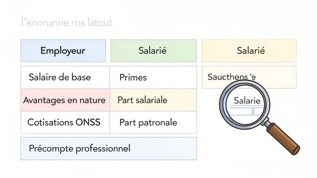 Diagramme détaillé montrant les différentes composantes du salaire entre employeur et salarié, incluant cotisations et avantages.