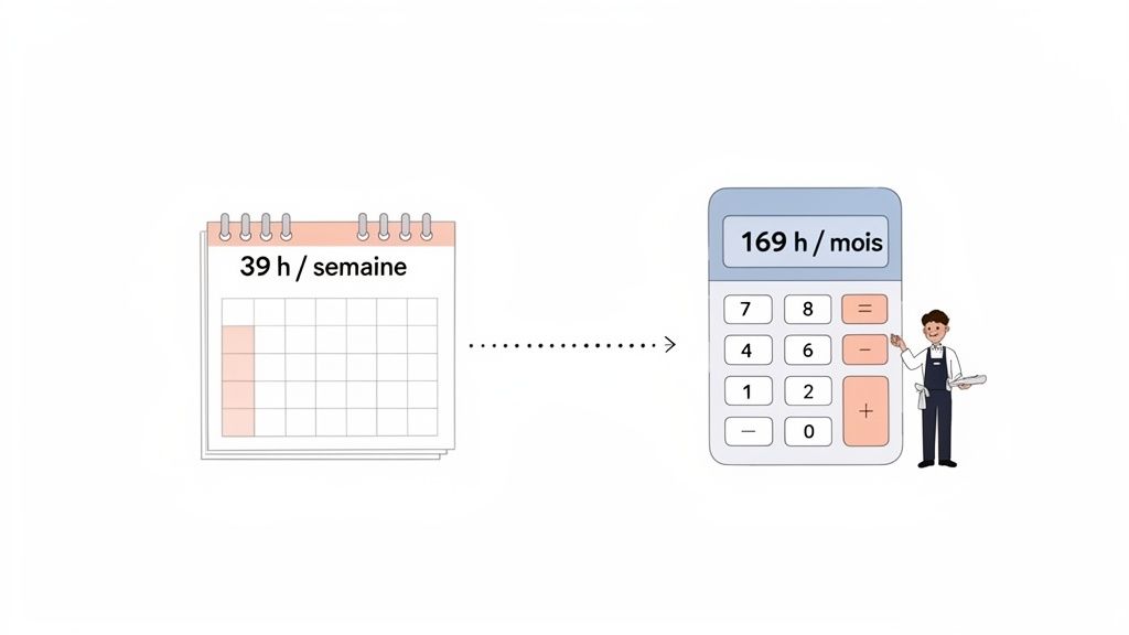 Un calendrier affiche 39 heures par semaine, et une calculatrice indique 169 heures par mois.