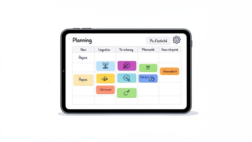 Une tablette affiche une application de planification d'activités avec un calendrier et des boutons colorés.