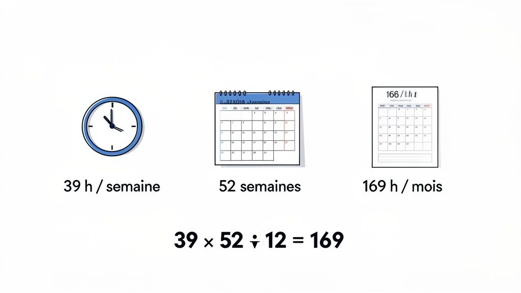 Calcul des heures mensuelles : 39 heures par semaine sur 52 semaines, divisées par 12 mois, donnent 169 heures mensuelles.