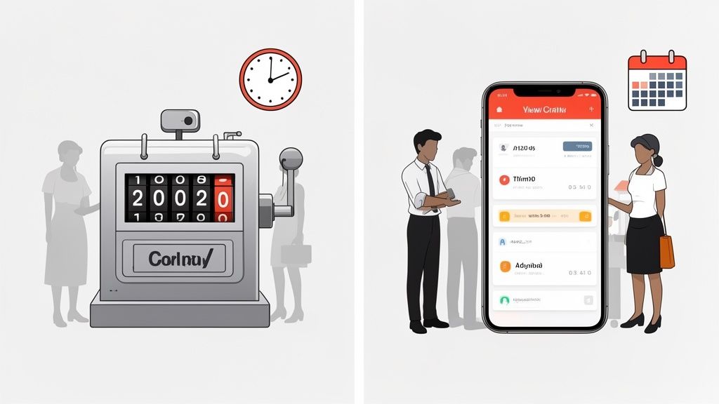 Een vergelijking tussen een traditionele tikklok en een moderne mobiele app voor tijdsregistratie.